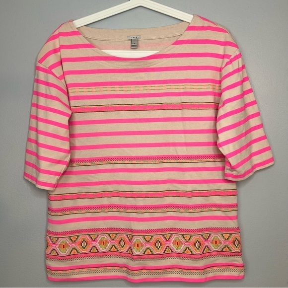 J Crew Stitchwork Striped Embroidered Pullover Cotton Shirt Pink Cream Size M - Picture 1 of 7